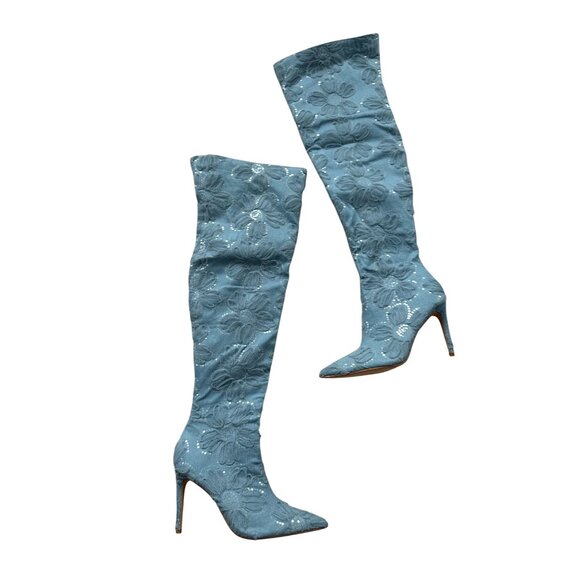FASHION NOVA Blue Floral Embellished Over The Knee Boots Size 10 NEW NWOT - Picture 10 of 10